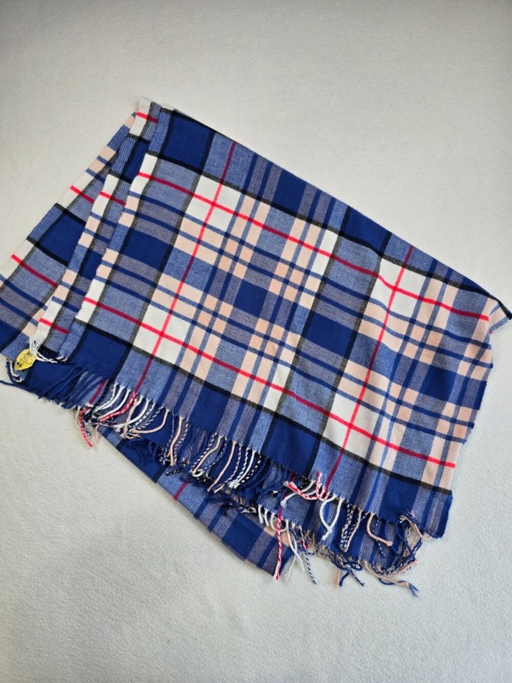 Plaid Blue & Beige Soft Acrylic Womens Scarf With Fringe